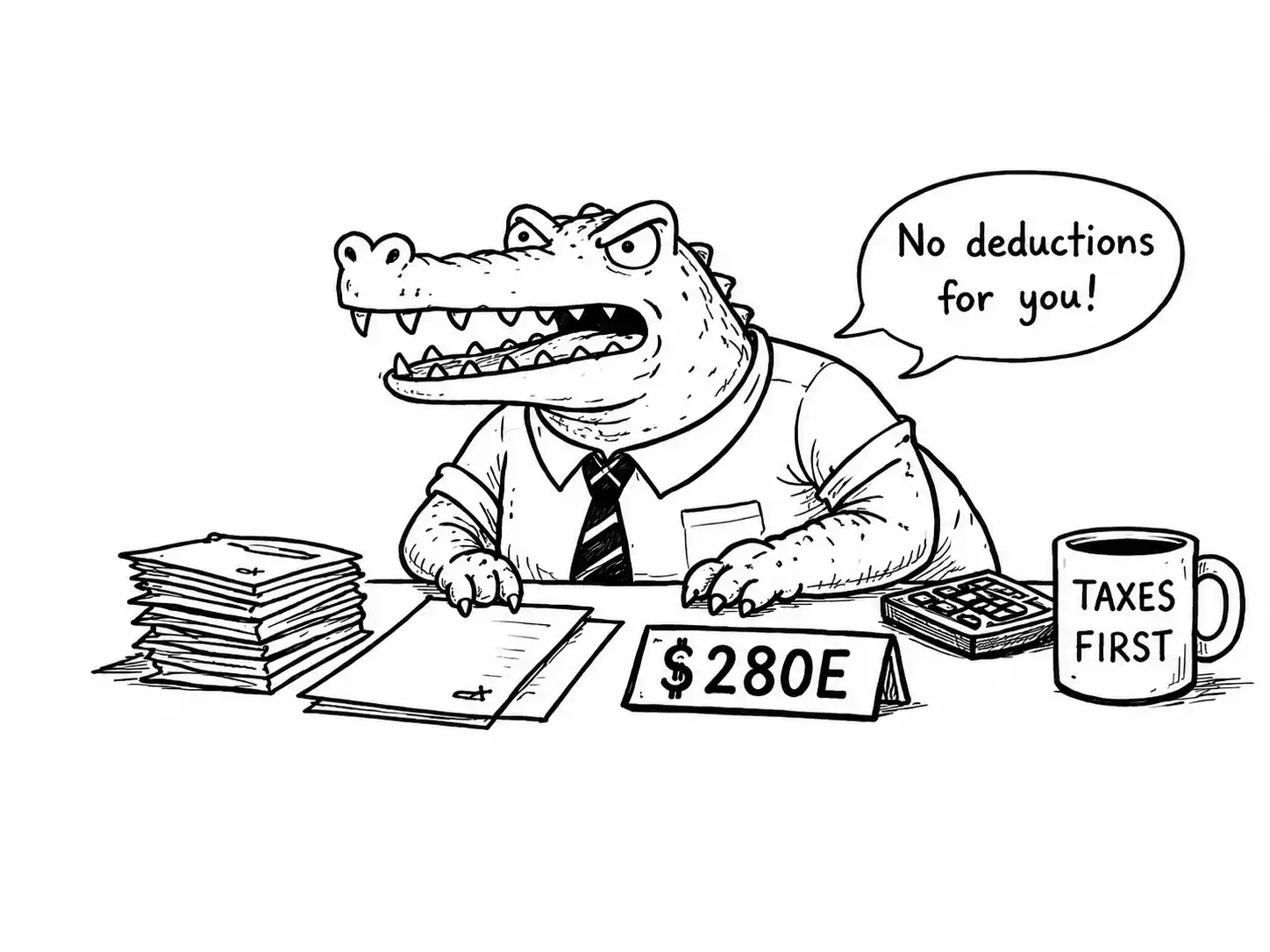 An alligator accountant at a desk with a Section 280E sign.