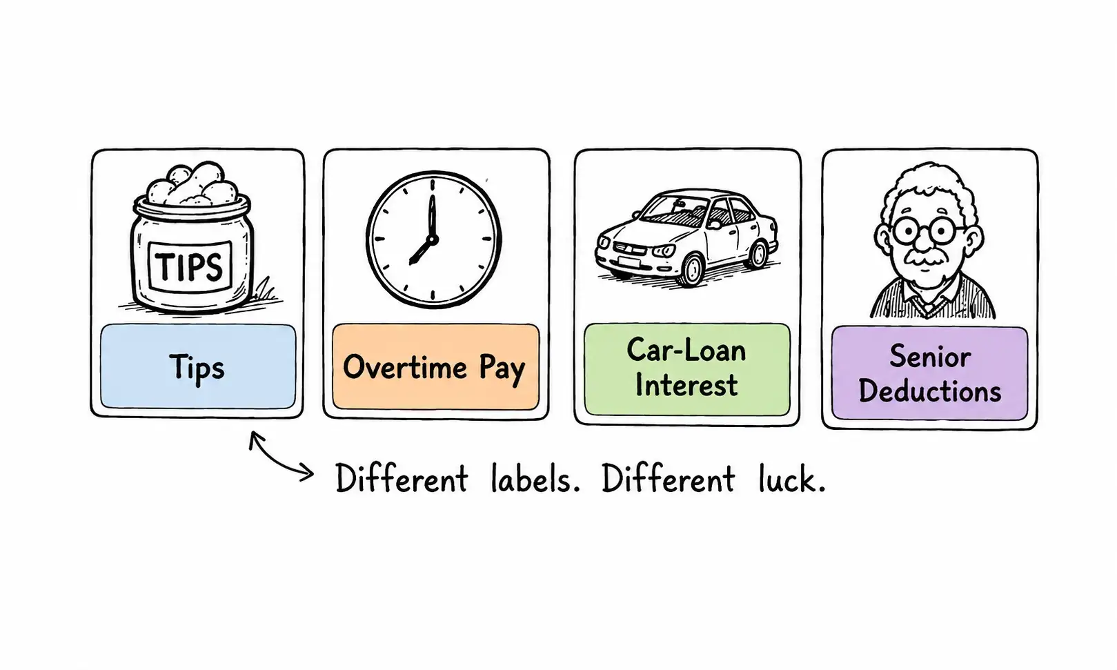 Four labeled tax buckets for tips, overtime pay, car-loan interest, and seniors.