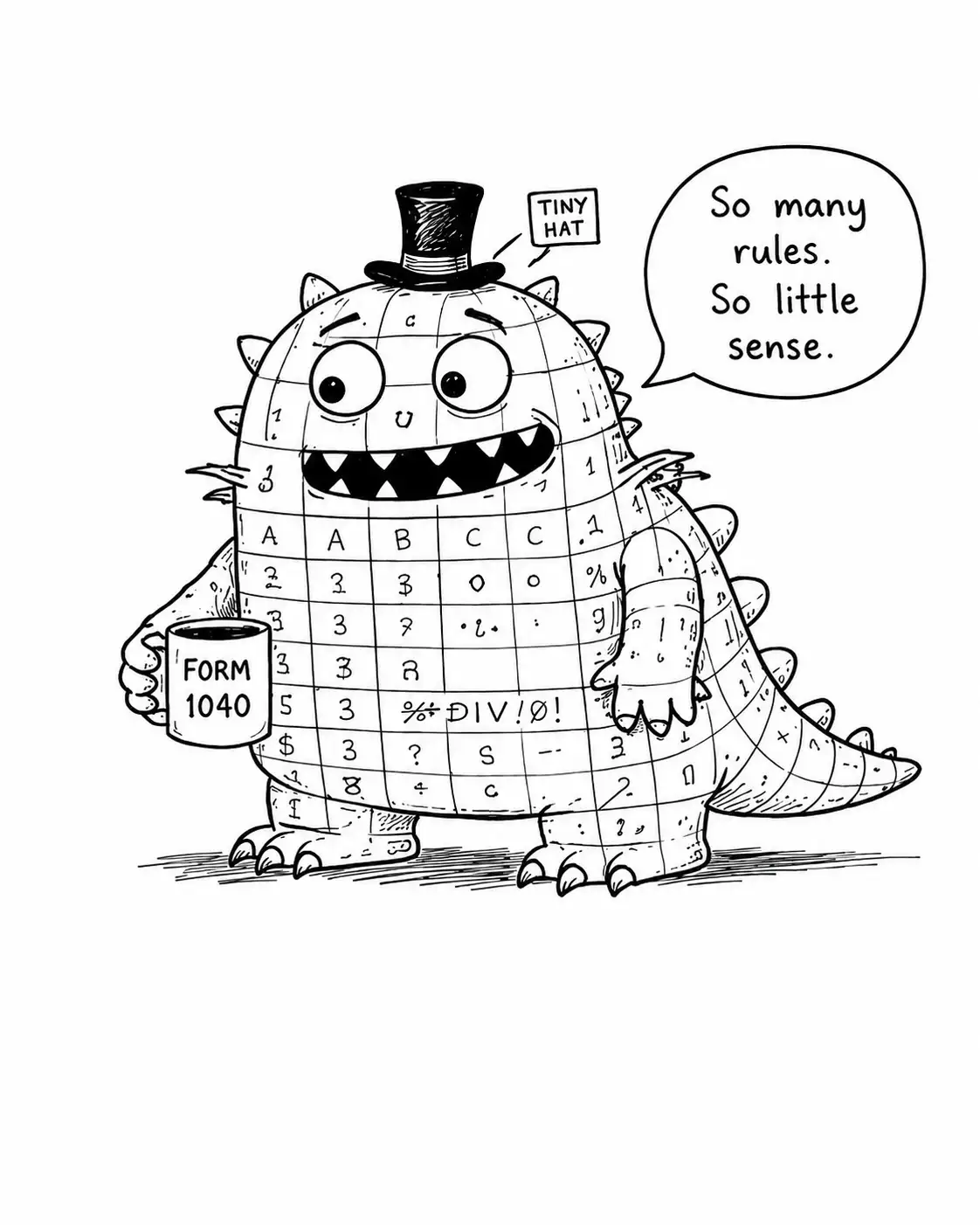 A spreadsheet-shaped tax monster wearing a tiny hat.